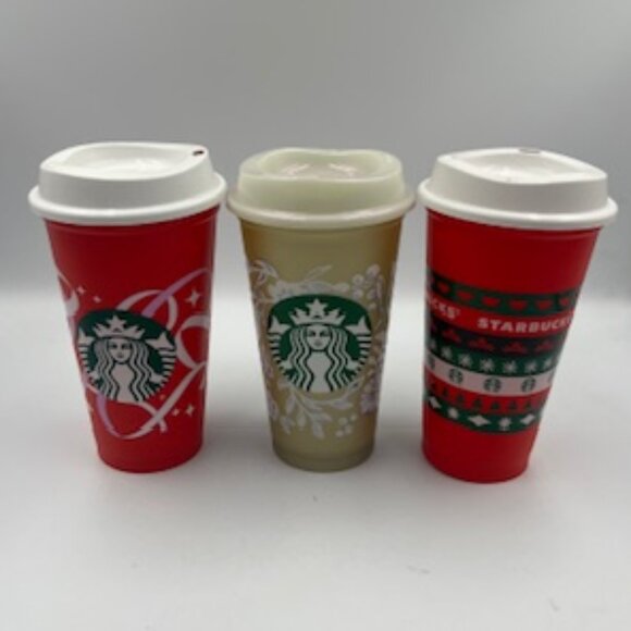 NEW Starbucks Christmas Cups Set Of 3 Red Day And Holiday 16 Oz Reusable W/ Lids - Picture 1 of 8